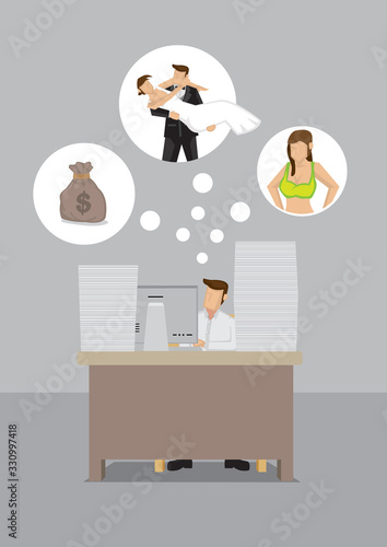 Desk Bound Job Employee Daydreaming at Work Cartoon Vector Illustration