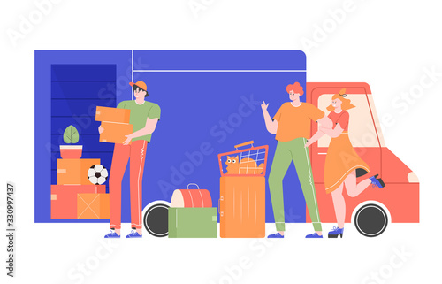 Happy family with a cat and bags near the truck with things. A loader employee of a transport company loads boxes with stuff to the car. Moving to a new apartment, house. Vector flat illustration.