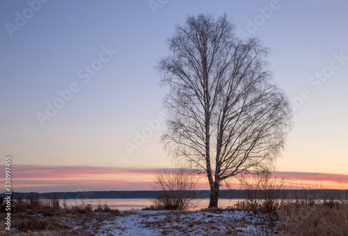 Early winter morning on the banks of the Volga River