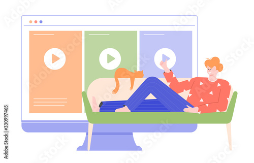Cute man character is lying on the couch and watching movies, TV shows, series. The cat sleeps nearby. Large monitor with media content. Streaming service and online cinema. Vector flat illustration.
