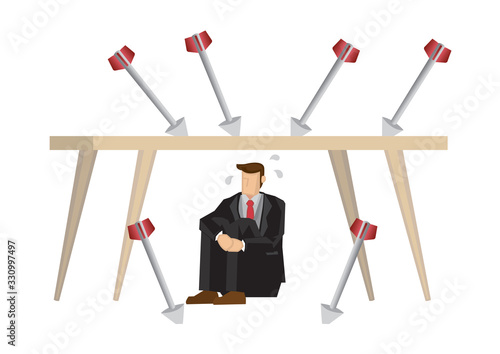 Metaphor of stress businessman hiding under a table from arrows. Concept of corporate crisis, bad office culture or corporate sabotage.