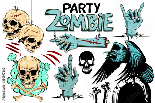 Vector evil human skull. Vector illustration, set for Halloween. Zombie party.