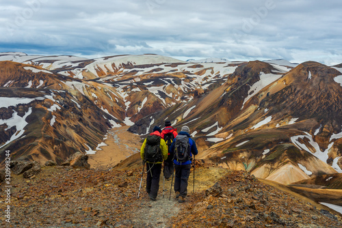 Hikers in the mountain, Landmannalaugar, Iceland photo