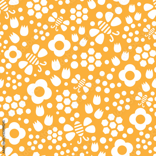 Yellow and white bees and flowers seamless repeat pattern tile, perfect for backgrounds, textures, wallpaper, surface pattern design, fabric, textiles, stationery and more.