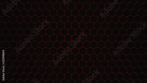 red hexagon honeycomb on black surface 3d illustration.