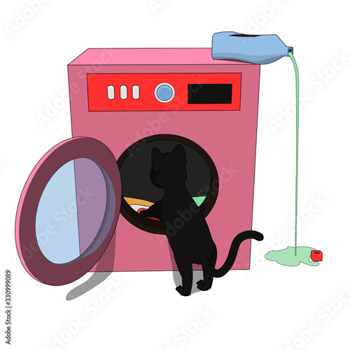 Gray cat and a pink washing machine. Cartoon cat helps with washing.