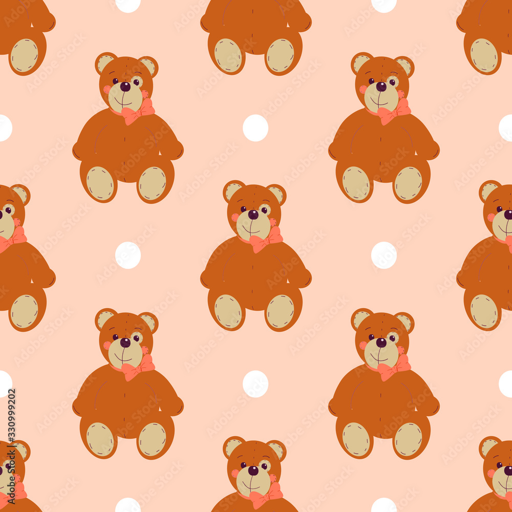 Vector seamless pattern with teddy bear on pink peach background with white dots.Tender vector childish ornament. Vector seamless pattern with teddy bear on pink peach background with white dots.Tender vector childish ornament.