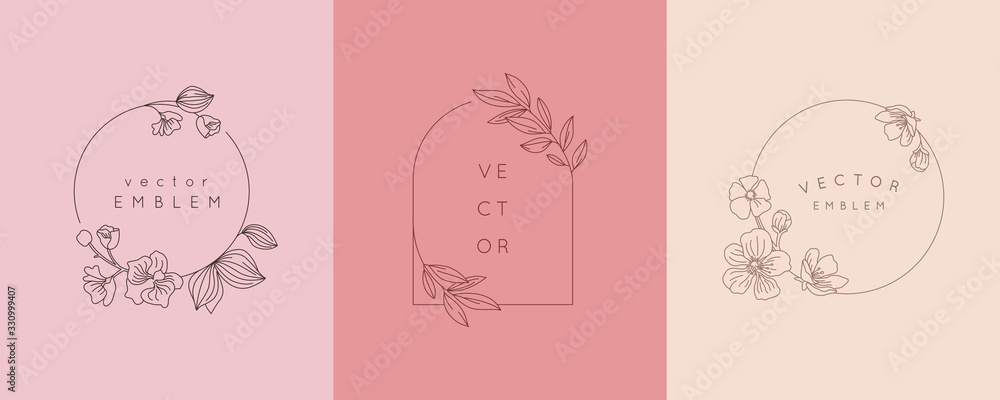 Vector logo design template and monogram concept in trendy linear style - floral frame with copy space for text or letter - emblem for fashion, beauty and jewellery industry