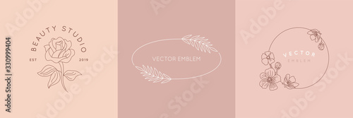 Vector logo design template and monogram concept in trendy linear style - floral frame with copy space for text or letter - emblem for fashion, beauty and jewellery industry
