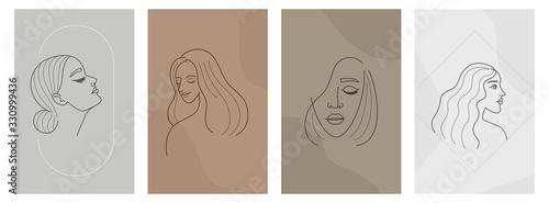 Vector abstract logo and branding design templates in trendy linear minimal style, emblem for beauty studio and cosmetics - female portrait, beautiful woman's face