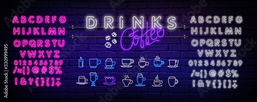 Set of vector coffee elements and accessories for coffee. Coffee logos, emblems in neon style. Bright luminous signboard, night advertisement