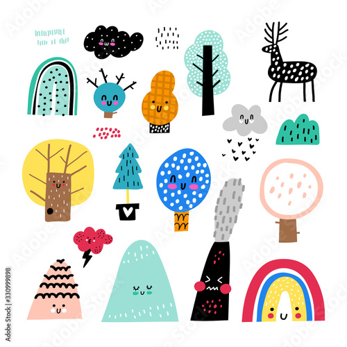 Fototapeta Naklejka Na Ścianę i Meble -  Vector set of children's drawings - exotic trees, hills and rainbows. Doodle style. Ideal for baby decoration. Nature collection.