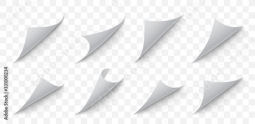 Twisted edges of the page. Realistic twisted corners. Different types of twisted corners with different shadows on a transparent background. Vector graphics in a realistic style. 