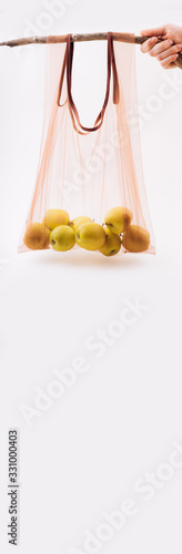 Eco packs. Eco bag with apples. Purchase without harm to nature in anti-plastic bags. Zero Waste.