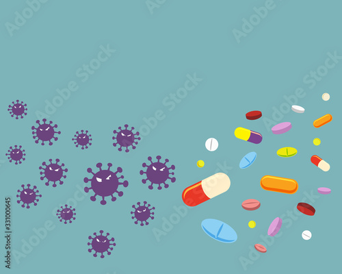Violet virus and variety of drugs isolated on solid background