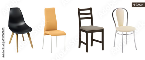 Realistic chairs isolated on white background. Set modern 3d icons. Vector illustration. Сollection chairs for design interior, banners, card, brochure, wallpaper. Stock.