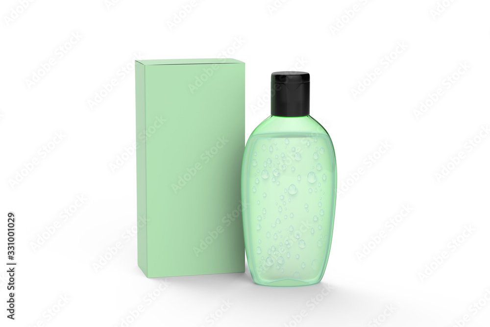 Clear hand sanitizer in a clear bottle with box isolated on a white background. Hand sanitizer is used for killing germs, bacteria and viruses. 3d illustration Clear hand sanitizer in a clear bottle with box isolated on a white background. Hand sanitizer is used for killing germs, bacteria and viruses. 3d illustration