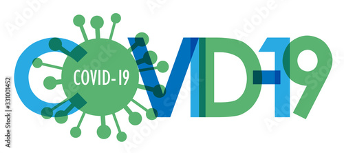 COVID-19 blue and green vector typography banner with virus symbol