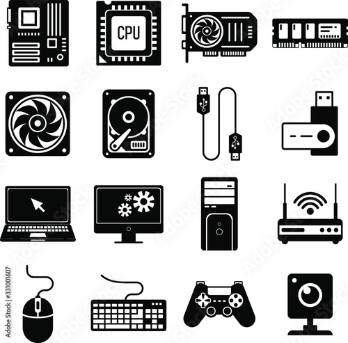 Black set of icons. PC hardware. 100% vector.