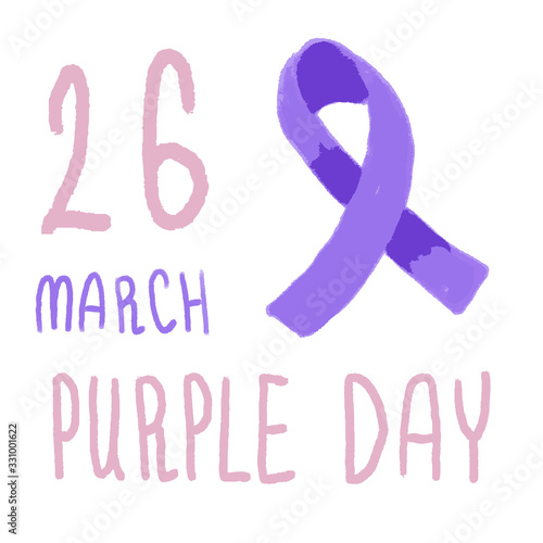 Purple ribbon symbol on white isolated backdrop. 26 march holiday social propaganda for medical poster, social banner, info or gift card. Flyer or cloth print. Minimal style stock vector illustration