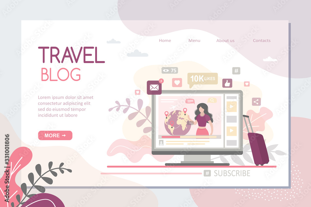 Woman traveller makes a video blog on the tropical coast. Travel blog landing page template. Story for social media Woman traveller makes a video blog on the tropical coast. Travel blog landing page template. Story for social media