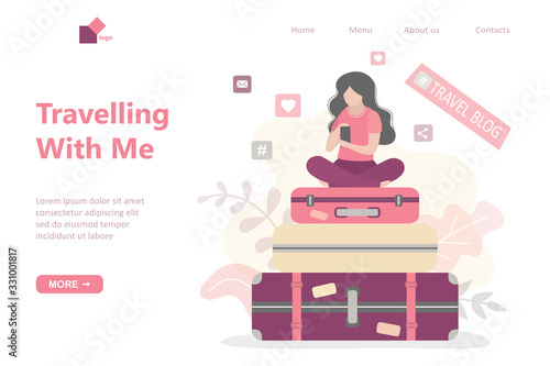 Travelling with me- landing page template. Beauty woman blogger talks about flights and travels. Travel blog.