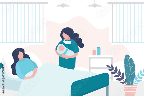 Beauty woman lies on bed after giving birth,nurse hold newborn baby. Room in the perinatal center.
