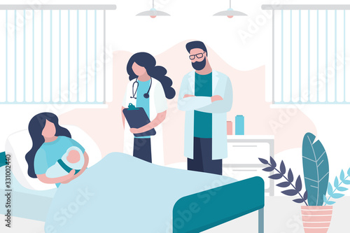 Beauty woman lies on bed and hold newborn baby. Patient, doctor and nurse. Room in the perinatal center.