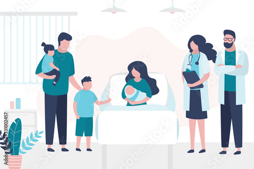 Beauty woman lies on bed and hold newborn baby. Patient with family and doctors. Room in the perinatal center.