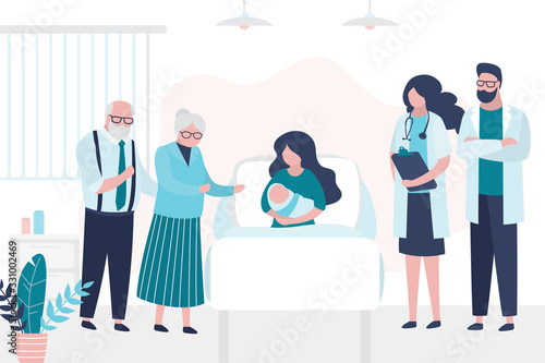 Beauty woman lies on bed and hold newborn baby. Patient with grandparents and doctors.