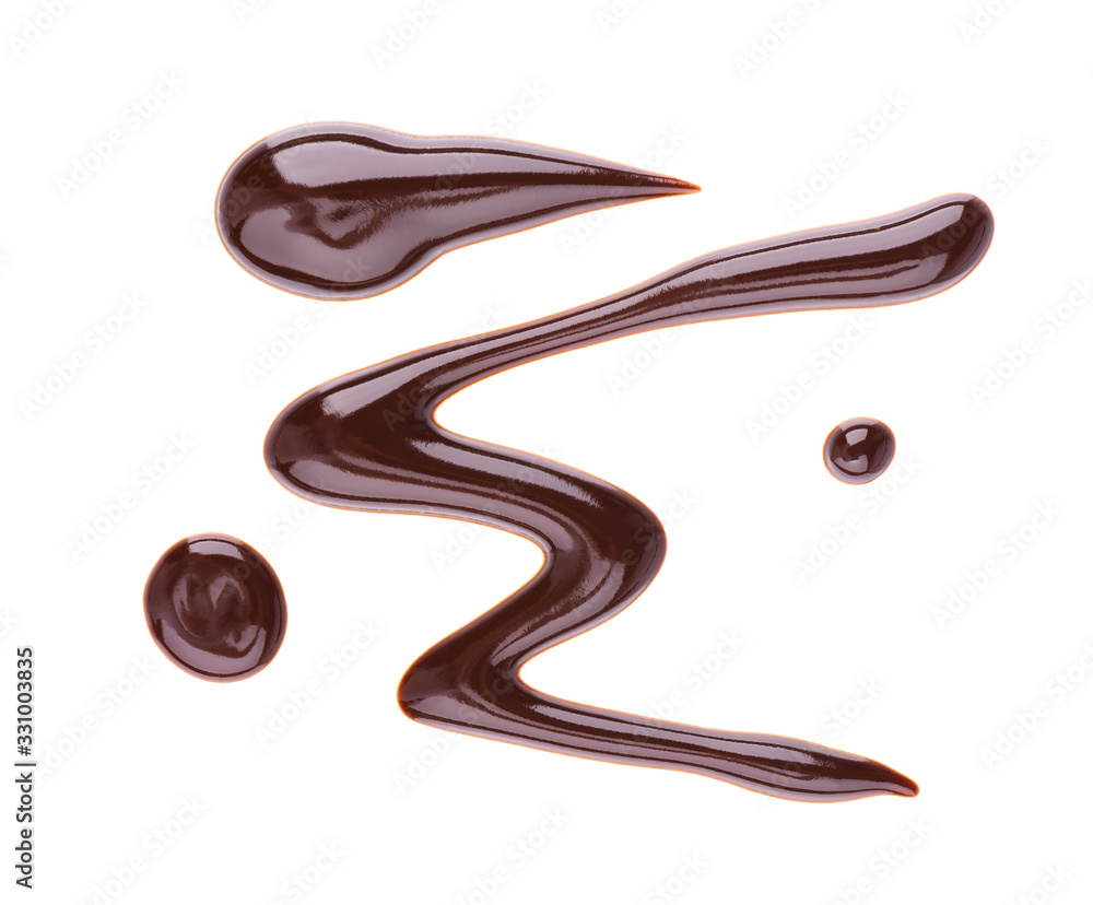 Chocolate syrup drizzle isolated on white background. Splashes of sweet chocolate sauce. Top view. Chocolate syrup drizzle isolated on white background. Splashes of sweet chocolate sauce. Top view.