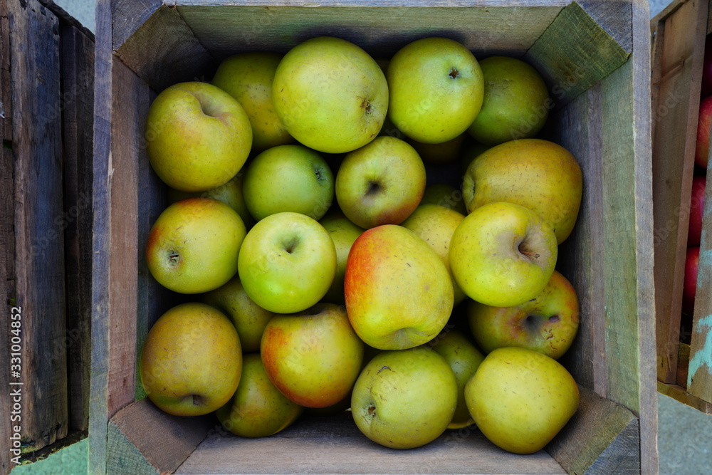 Fresh red and yellow apples at a farmers market Fresh red and yellow apples at a farmers market
