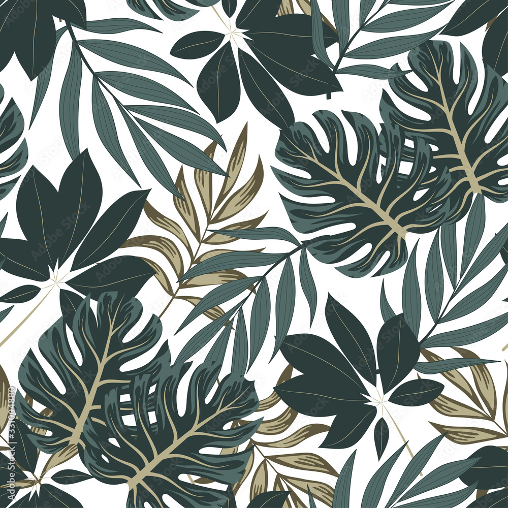 Fototapeta premium Original seamless tropical pattern with bright leaves and plants on a white background. Jungle leaf seamless vector floral pattern background. Beautiful exotic plants. 