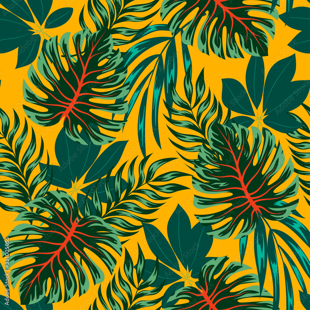 Summer seamless tropical pattern with bright leaves and plants on a yellow background. Jungle leaf seamless vector floral pattern background. Hawaiian style. Summer seamless tropical pattern with bright leaves and plants on a yellow background. Jungle leaf seamless vector floral pattern background. Hawaiian style.