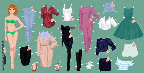 Paper doll of a pretty red haired girl with a variety of paper clothes and shoes