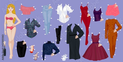 Paper doll of a pretty blond girl with a variety of paper clothes and shoes