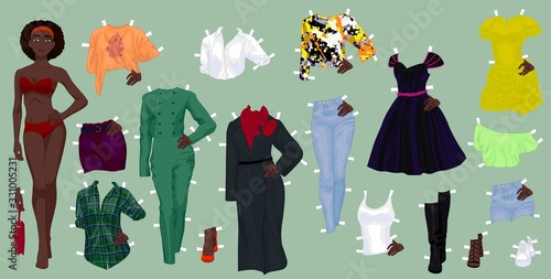 Paper doll of a pretty black girl with a variety of paper clothes and shoes