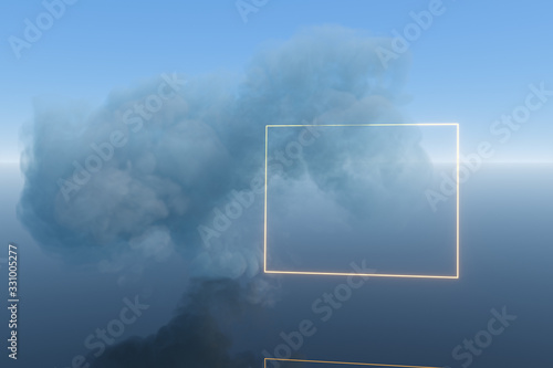 Dark clouds and geometric figure with blue background  3d rendering.