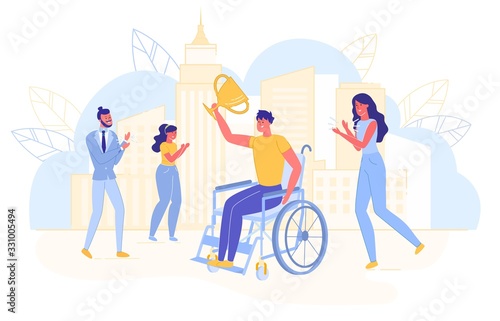Handicapped Man on Wheelchair with Trophy Cup.