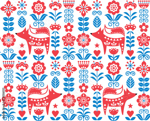 Scandinavian or Nordic folk art vector seamless pattern with flowers and fox, floral textile design inspired by traditional embroidery from Sweden, Norway and Denmark