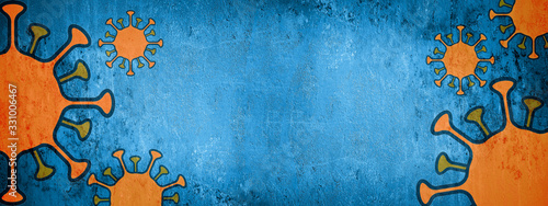CORONAVIRUS - Orange cartoon virus isolated on blue abstract rustic texture background banner panorama, top view with space for text ( complementary colors )