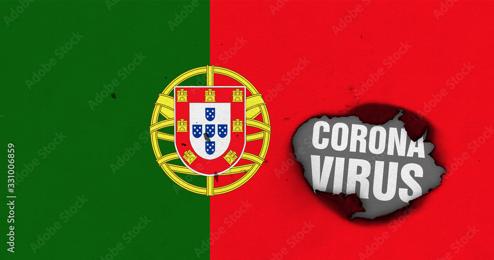Flag of Portugal with burned out hole showing Coronavirus name in it. 2019 - 2020 Novel Coronavirus (2019-nCoV) concept, for an outbreak occurs in Portugal. Flag of Portugal with burned out hole showing Coronavirus name in it. 2019 - 2020 Novel Coronavirus (2019-nCoV) concept, for an outbreak occurs in Portugal.