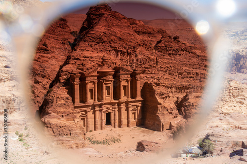 Quadro su tela View on the monastery of Petra through the tainted glass of a sunglasses