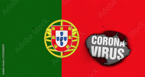 Flag of Portugal with burned out hole showing Coronavirus name in it. 2019 - 2020 Novel Coronavirus (2019-nCoV) concept, for an outbreak occurs in Portugal.