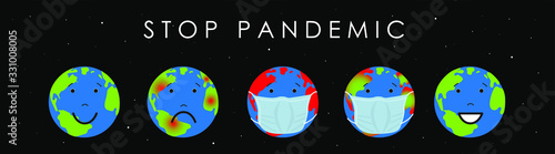 Global Pandemic Dangerous Virus Concept. Stop pandemic. Planet in medical mask.Pandemic stop Novel Coronavirus outbreak covid-19 2019-nCoV. Vector Illustration. Banner template.