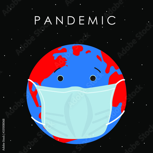 Global Pandemic Dangerous Virus Concept. Stop pandemic. Planet in medical mask.Pandemic stop Novel Coronavirus outbreak covid-19 2019-nCoV. Vector Illustration. Banner template.