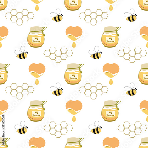 Sweet honey seamless pattern Honey jar heart, bee, honeycomb background Cute hand drawn design vector