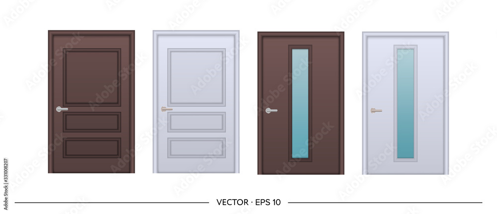 Set of vector realistic doors isolated on white background. Entrance door with glass insert. Set of vector realistic doors isolated on white background. Entrance door with glass insert.