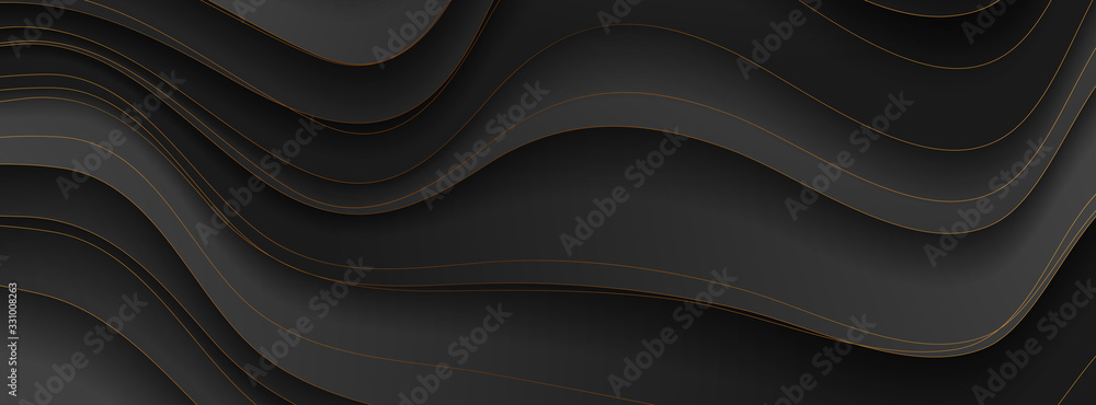 Abstract black and bronze corporate banner graphic design with curved waves. Golden deluxe background. Vector illustration