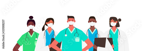 Coronavirus 2019-nCoV. Set of doctors characters in white medical face mask. Stop Coronavirus concept. Medical team doctor nurse therapist surgeon professional hospital workers, group of medics.